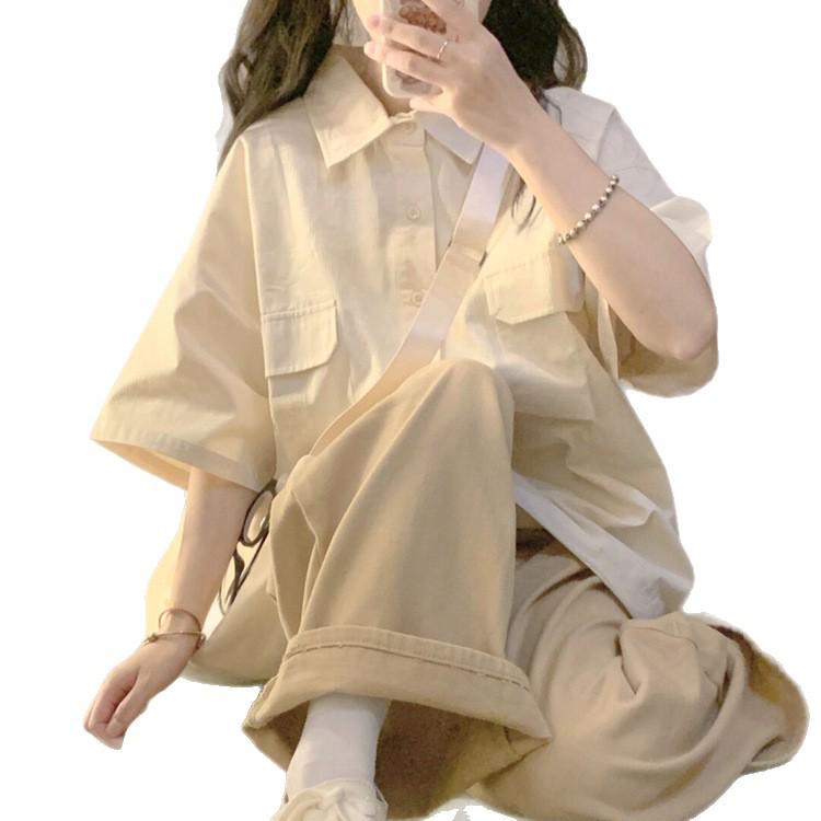 Women's Japanese Academy Style Polo Shirt & Long Pants Casual Summer Two-Piece Set