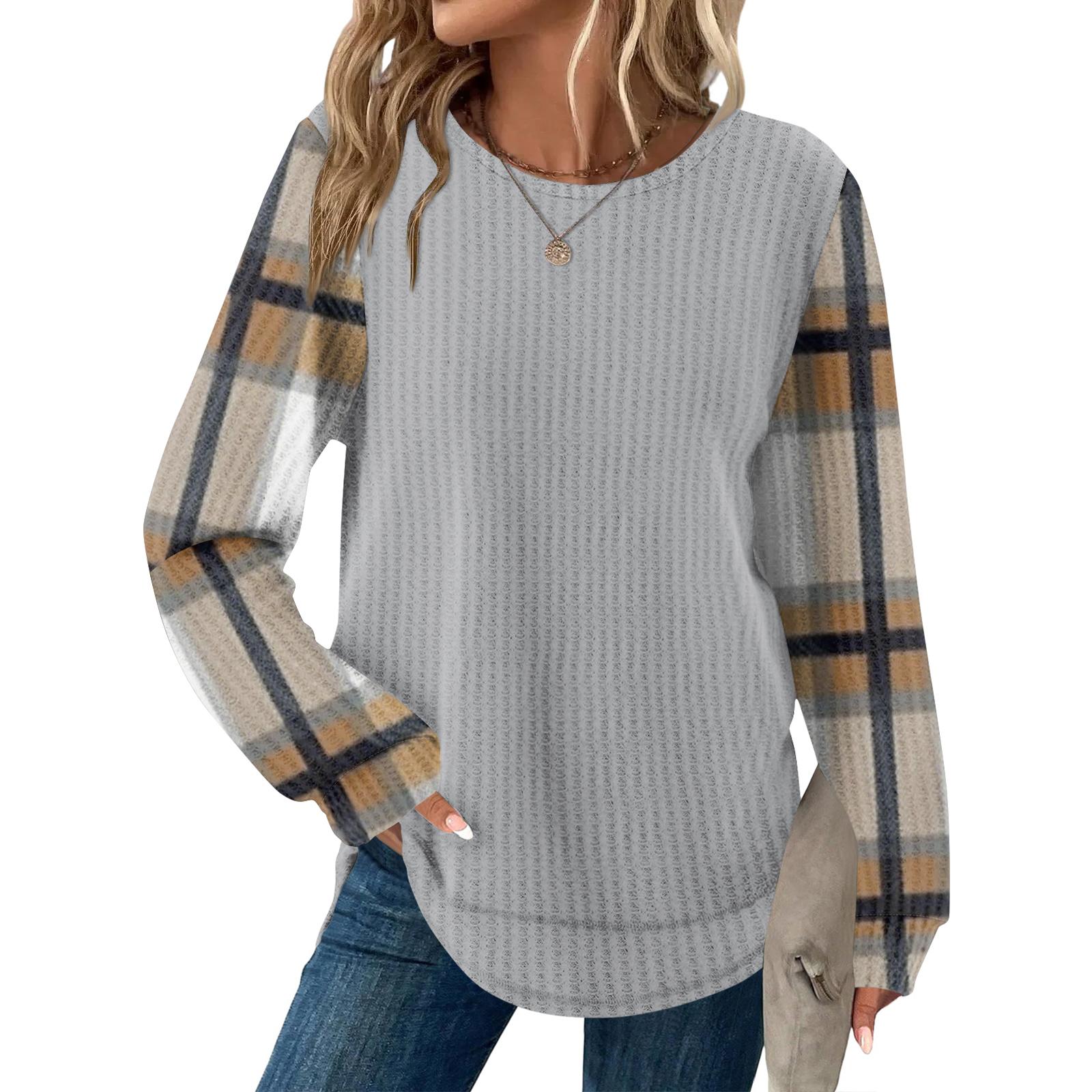 Women s Plaid Print Round Neck Long Sleeve Casual Loose Top L бежевый