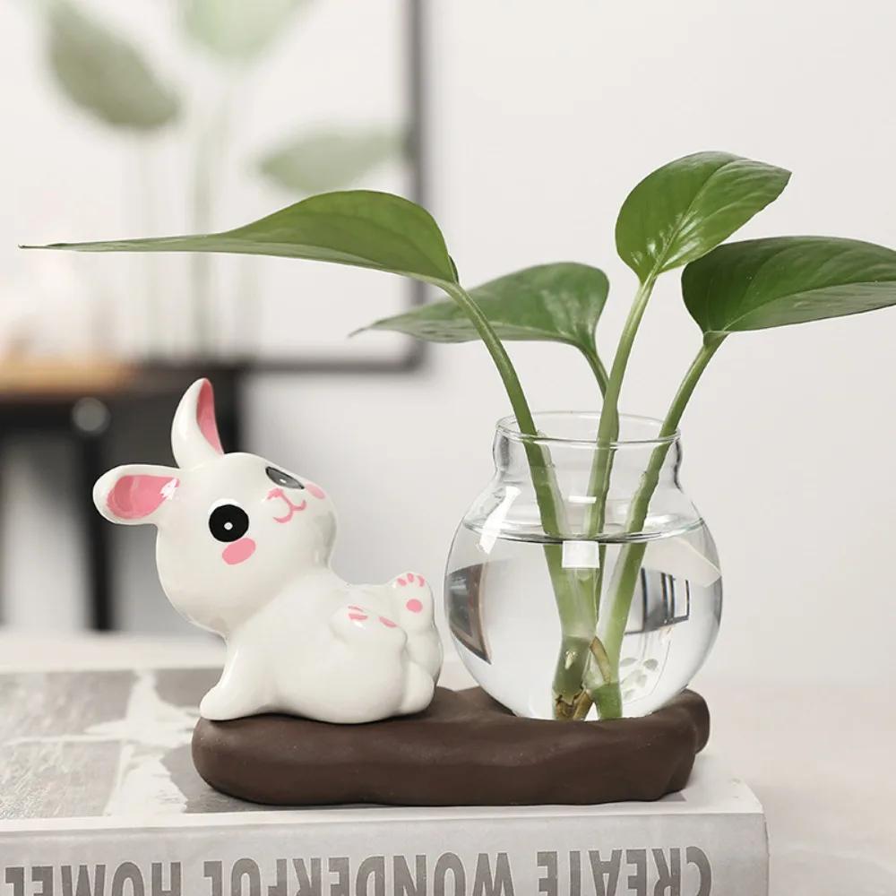 Cute Rabbit Hydroponic Plant Vases Transparent Glass Vase Tabletop Decoration Aquatic Flower Bottle with Wooden Base
