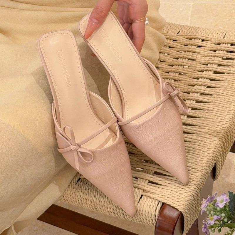 

Blue Small Flowers Spring Less Pointed Toe Bow High Heel Slipper for Women 40 рожевий