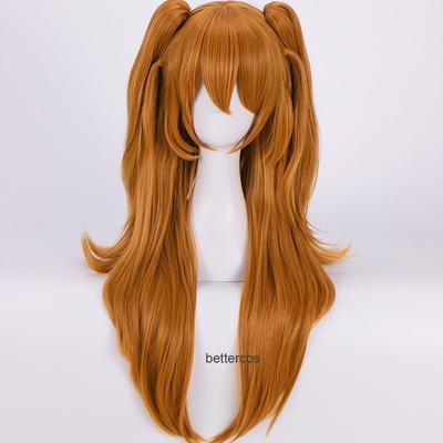 Anime EVA Asuka Langley Soryu Long Orange With 2 Ponytail Clips Heat Resistant Hair Cosplay Costume Wig + Headwear Haripin