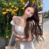 Summer Fishbone French Square Neck Floral Dress Waist Temperament Thin Short Backless Romantic Sweet Dress