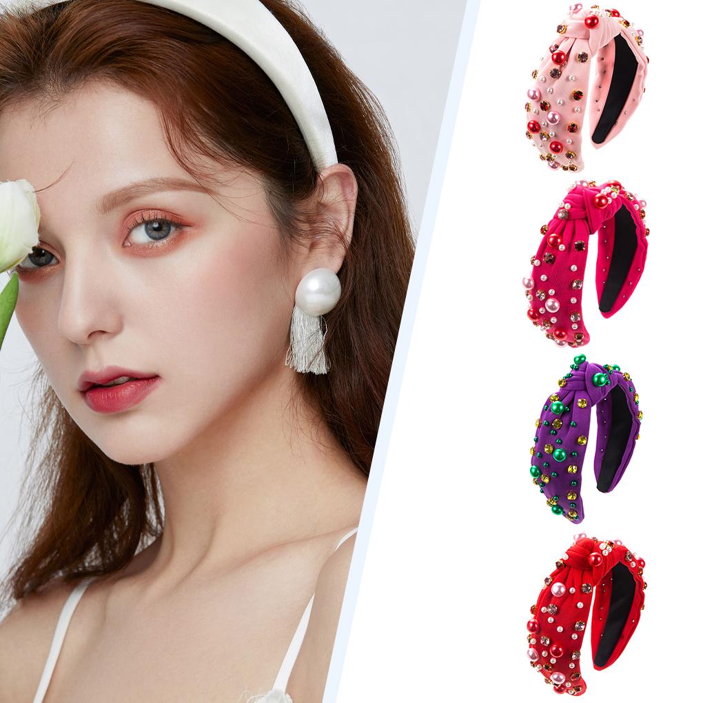 Trendy And Chic Jeweled Wide Top Knot Headband For Fashionable Women Rhinestone Pearl Knot Headbands