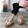 Aphixta 3.54inch Women Slippers Platform Wedge Women Slipper Appliques Slides Beach Sandals Slides Summer Ladies Mules Clog Shoe