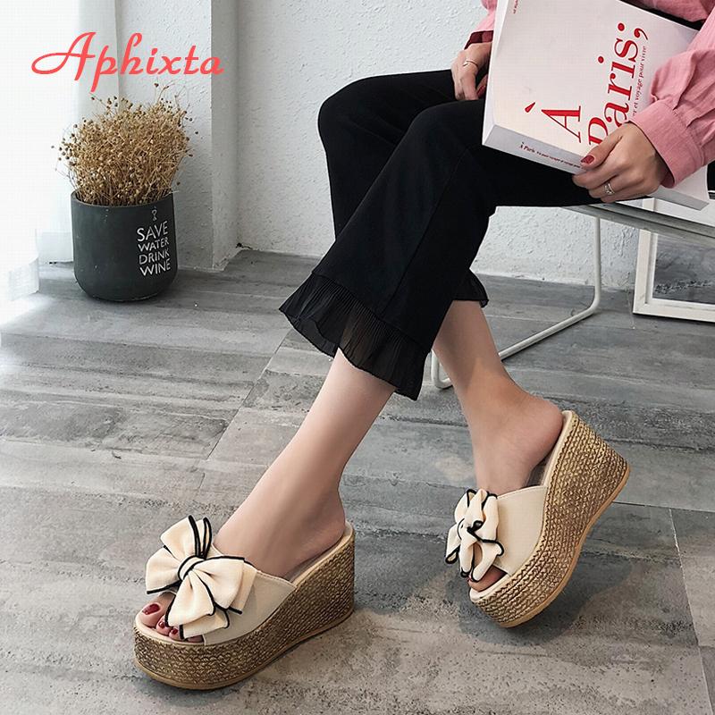 Fashion Aphixta 3.54inch Women Slippers Platform Wedge Women Slipper Appliques Slides Beach Sandals Slides Summer Ladies Mules Clog Shoe