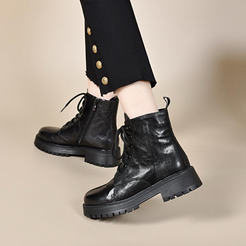 Martin boots women's autumn and winter new lace-up leather boots thick heel casual flat boots basic round head women's boots short boots