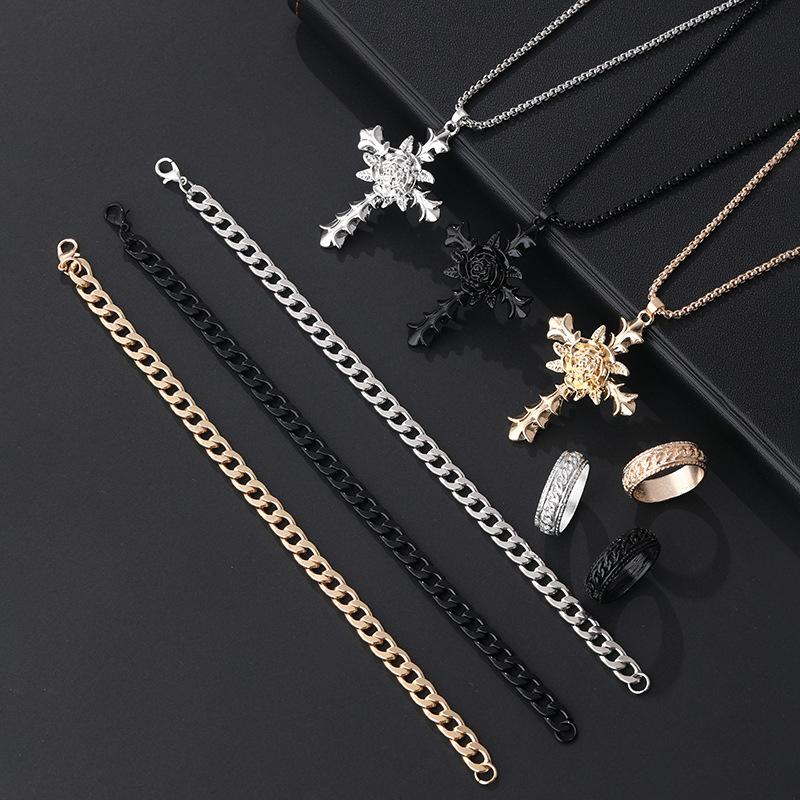 3Pcs Set Men'S Stainless Steel Metal Cross Pendant Chain Necklace Bracelet Ring Jewelry Set Male Hip Hop Daily Wear Accessories