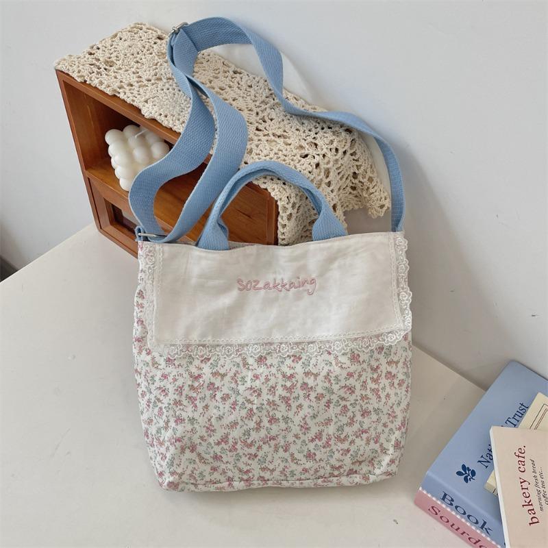 Spring and Summer Pastoral Splicing Floral Hand-held Canvas Bag Shoulder Messenger Bag Large-capacity Commuter Hand Carry