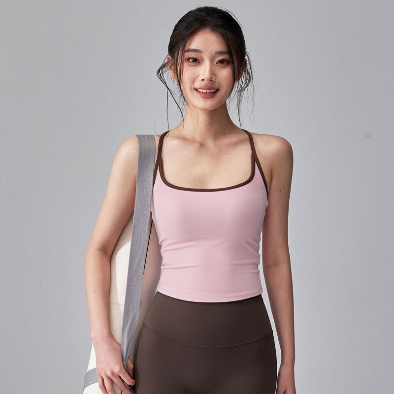 

Thin Drawstring Beauty Back Sling Yoga Clothes Vest Strap Chest Pad Fixed Cup Shockproof Sports Underwear Color Matching Pilates Bra Pink coffee S(80-100)