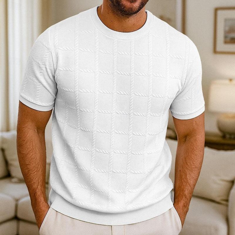 Camiseta Masculina Europeia Americana de Manga Curta Suéter Jacquard Gola Redonda Pulôver Canelado
