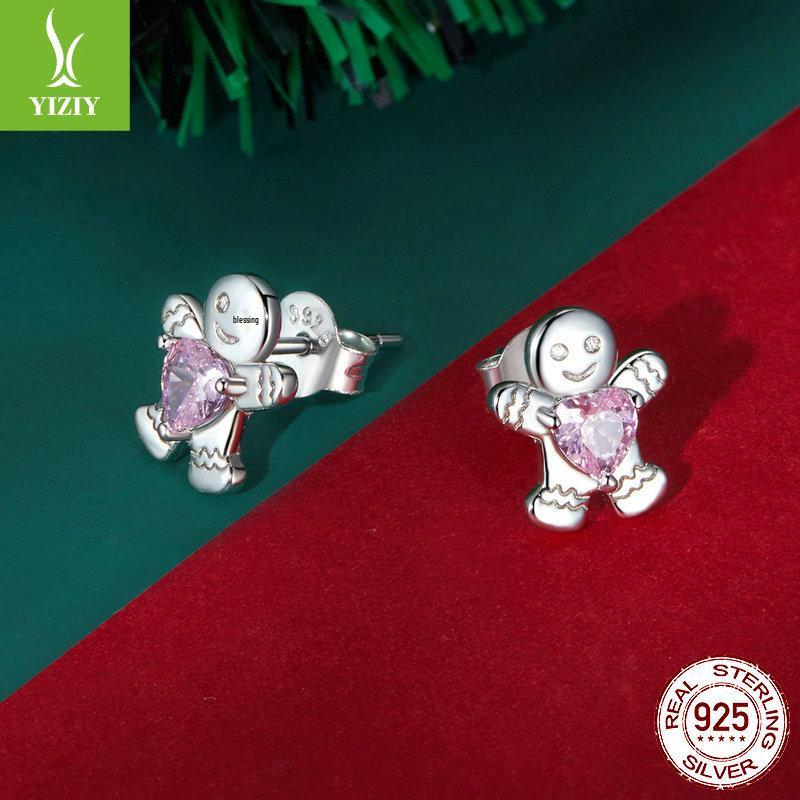 Yinziyun Gingerbread Man and Pink Heart Zircon S925 Sterling Silver Stud Earrings for Women