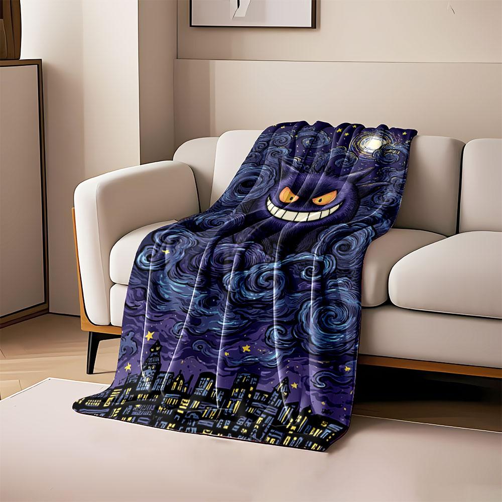 

A grinning purple figure emerges amid swirling clouds, stars, and a moon. for all seasons blanket lunch break throw gift 80cm x 120cm
