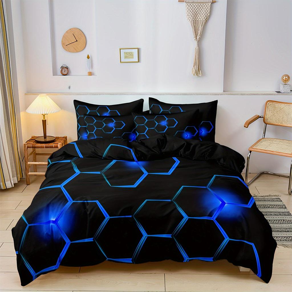 Soft Comfortable 3D Print 3pcs Blue Black Geometric Honeycomb Pattern Quilt/Doona/Duvet Cover Set - Bedding Set for Bedroom