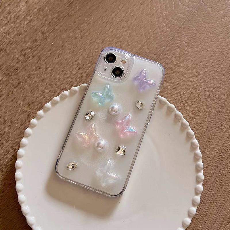 

Colorful Butterfly Rhinestone Pearl Mobile Phone Case for IPhone17Promax Precision Hole Full Cover for Apple 16 Anti-fall Soft For iPhone 7/8/SE 2020