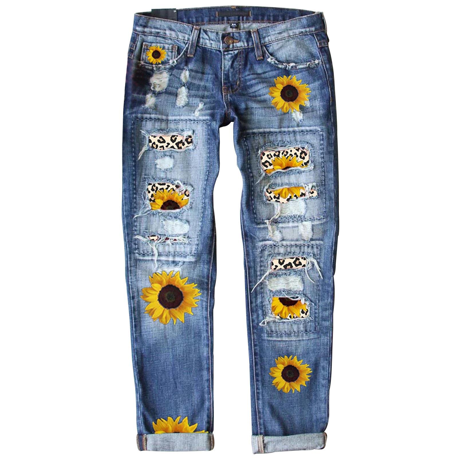 

Women s European and American Slim Fit Printed Denim Pants Double Extra Large (XXL)