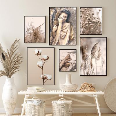 Beautiful Girl Landscape Scenery Art Painting Nordic Nature Plants Poster Room Decoration Pampas Grass Picture Wall Decor HD0147