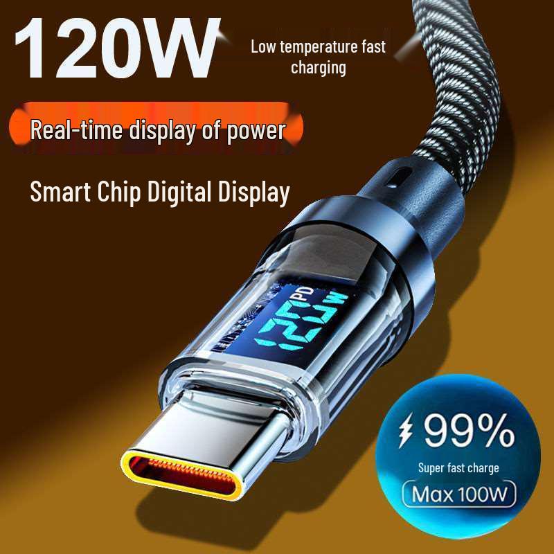 

120W Dual-Head Type-C Fast Charging Cable with Digital Display for Huawei & Apple 1m