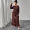 Women's Long Sleeve Pleated Belted Maxi Dress Comfortable Drape with Metal Buttons