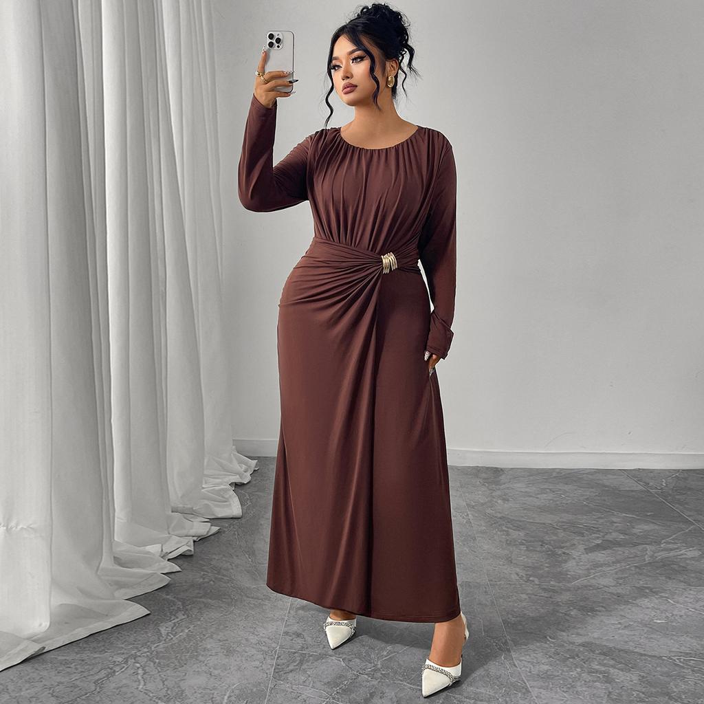 Women's Long Sleeve Pleated Belted Maxi Dress Comfortable Drape with Metal Buttons