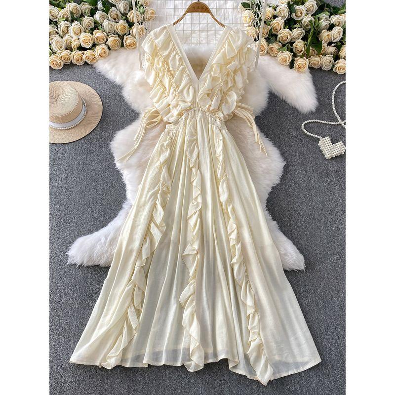 French style Temperament V-neck Short sleeve Dress Women Summer Drawstring Waist Hugging Slimming Heavy Industry Frill Princess Dress