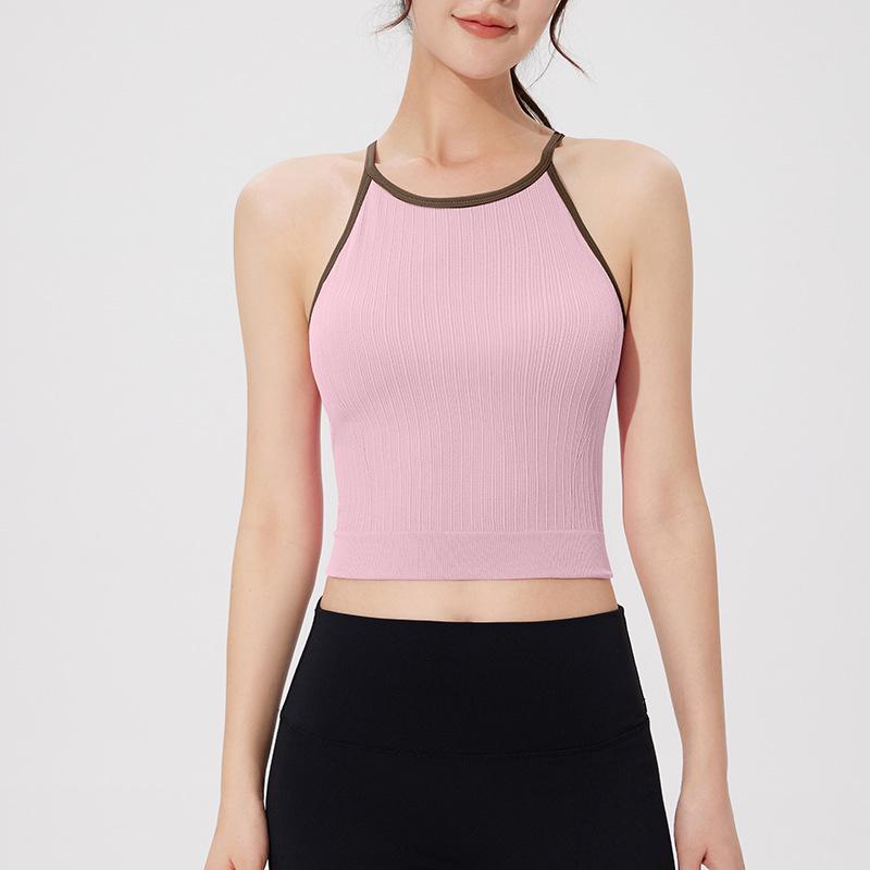 

2025 Вязаный топ-халтер с цветными блоками и подушечками - Острый топ для йоги без рукавов для женщин Small