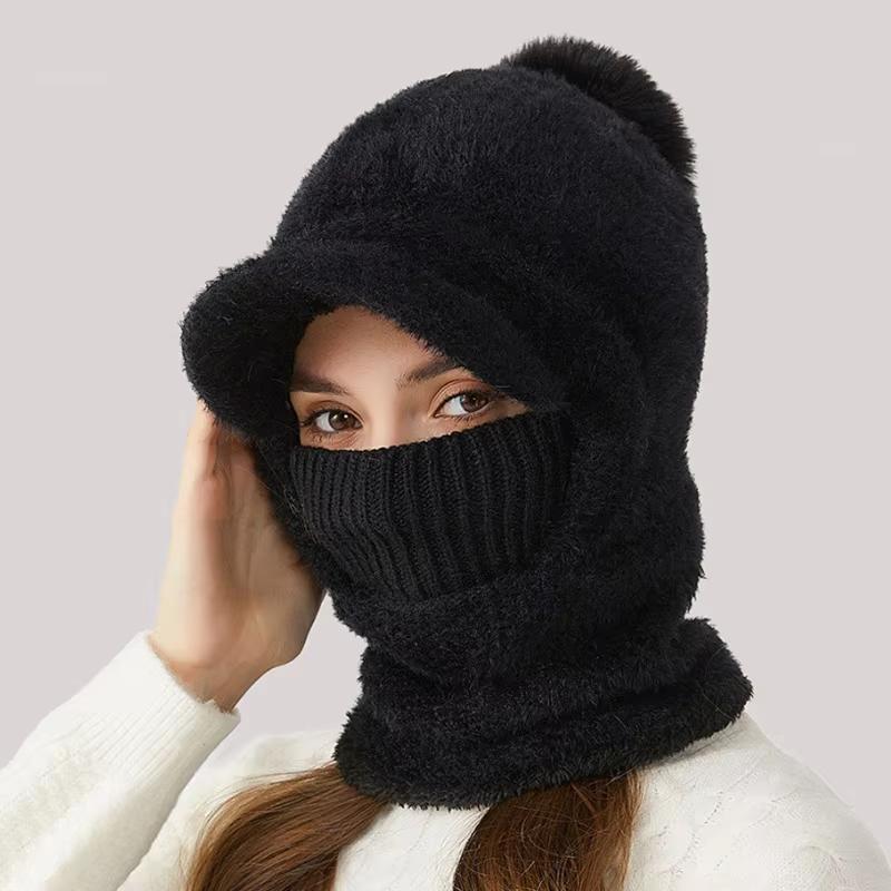 

Зимняя норковая вязаная балаклава, женская шапка, шарф, маска, цельные вязаные шапки, защита ушей, ветрозащитная, холодная, плюшевая шерстяная шапка one size чёрный