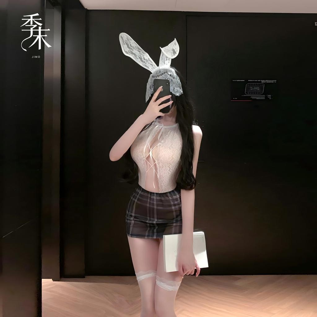 Perspective Cross-strap Lace Hip Skirt Pure Desire Plaid Erotic Underwear OL Secretary Professional Wear 9421