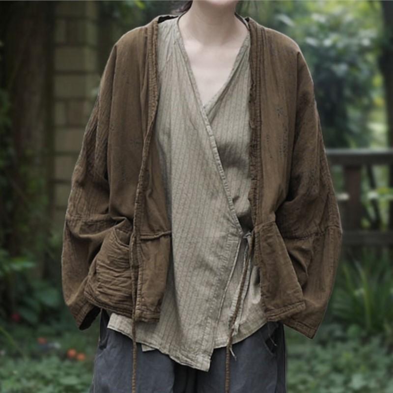 Johnature Women Vintage Blouses Summer V-Neck Short Sleeve Belt Shirts Tops Chinese Style Women Shirts