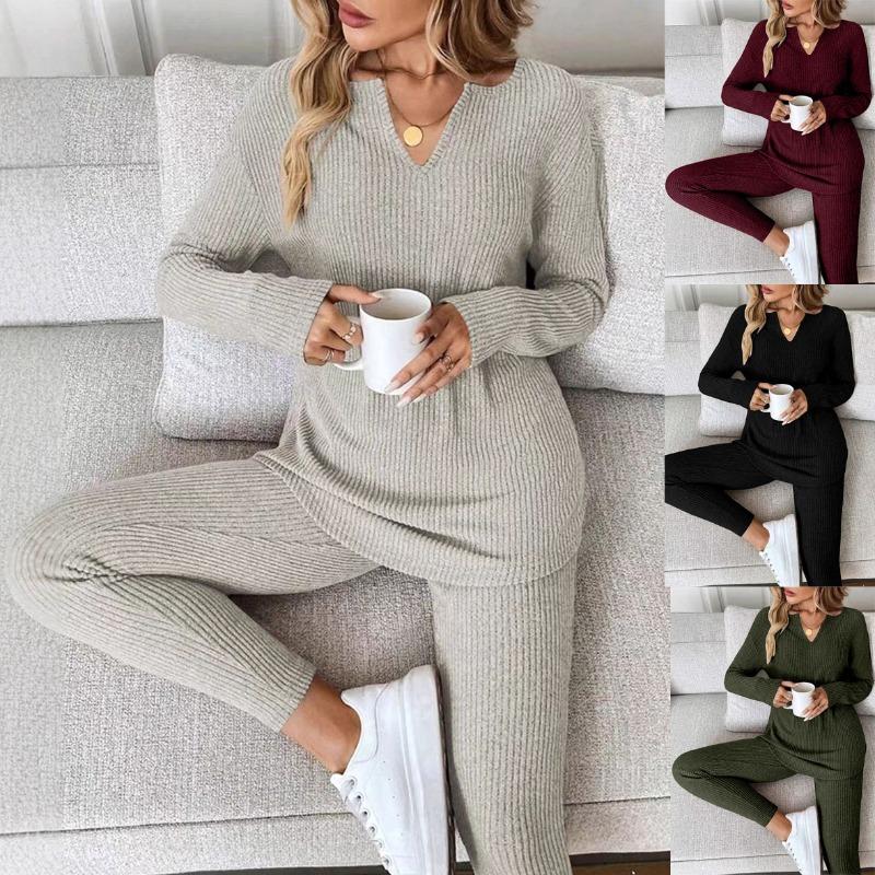 Women V Neck Long Sleeve Thin Casual Two Piece Loungewear Set With Long Pants