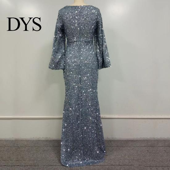 Long Dress Bell Sleeves Women Evening Sequin A-line Slim Fit Low-cut V Formal Occasion Gown Neck Maxi Mid Waist Back Zipper Closure Prom Slim-fit