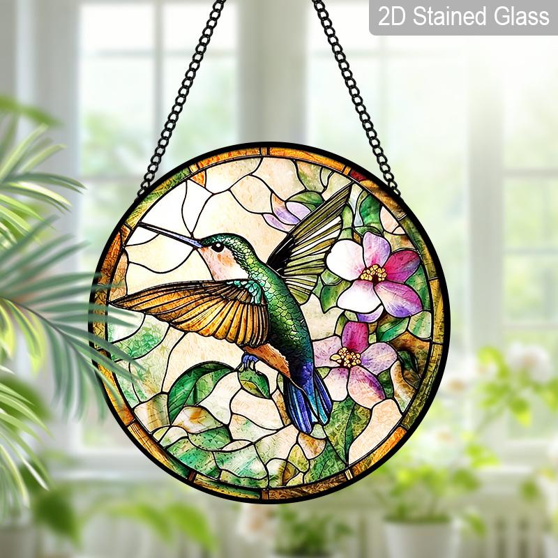 2D Flat Stained Glass Hummingbirds Window Decoration, 7.87inches Colored Glass Plate with Chain, Charming Spring Summer Sun Catcher Home Livingroom