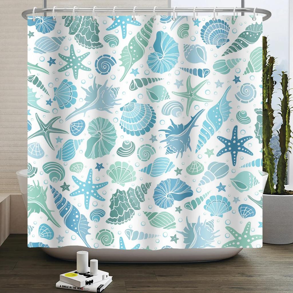 Nautical Coastal Shower Curtain Starfish Coral Seashell Beach Ocean Bathroom Curtain Underwater Marine Waterproof Bath Curtain