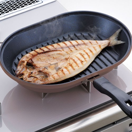 Wahei Freiz Frying Pan, Grill Pan, Easy Grilled Fish Pan, Marone Chef, 22 x 32 cm, IH Compatible, with Lid, Diamond Coat MM-9542
