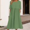 Summer Casual Short-Sleeved Cotton Dress with Pockets Loose Fit Round Neck Solid Color Pleated Women Middle Dress for Office Daily Party