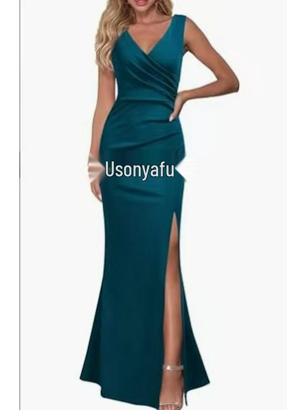 

Женское вечернее коктейльное платье без рукавов с V-образным вырезом и разрезом 2024 года S озеро синий