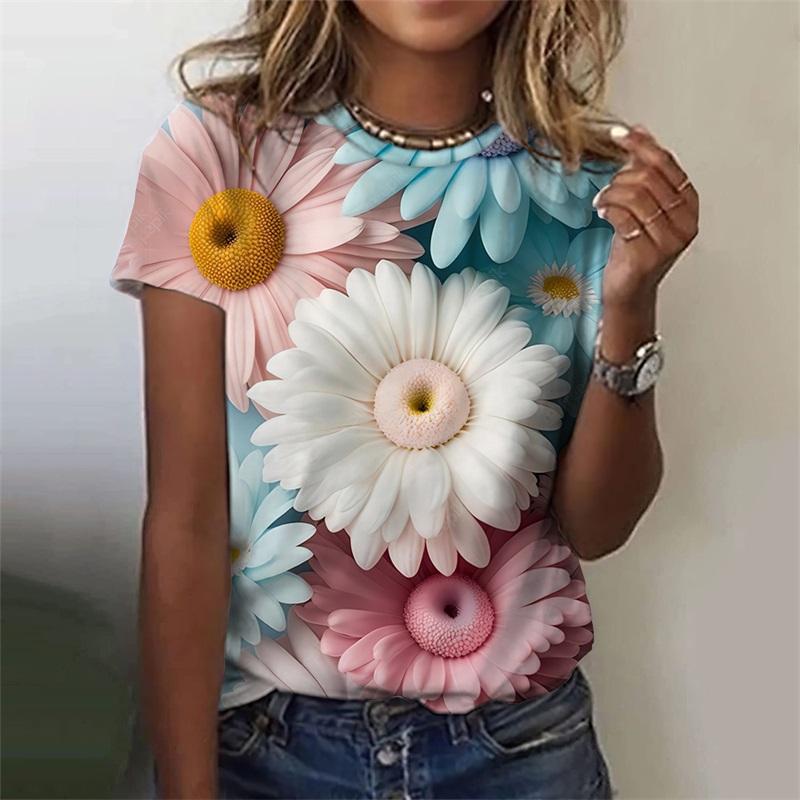 Summer Round Neck 3D Flowers Graphic Print Top Fashionable Casual Short Sleeved Women's T-shirts