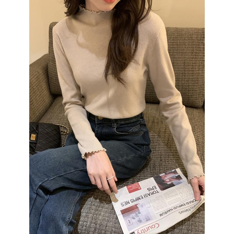 Core-spun yarn autumn lace semi-turtleneck knitted sweater autumn new sweet bottoming shirt with top