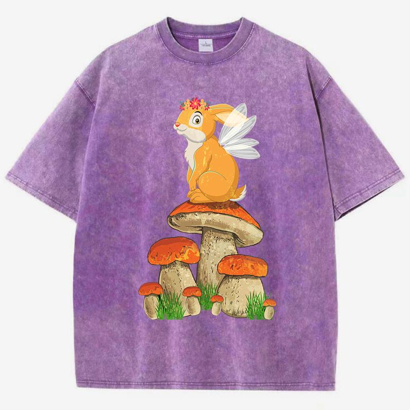 Cottagecore Aesthetic Mushroom Frog Print Washed T Shirt Woman Crewneck Y2K Short Sleeve Summer T-Shirt Cotton