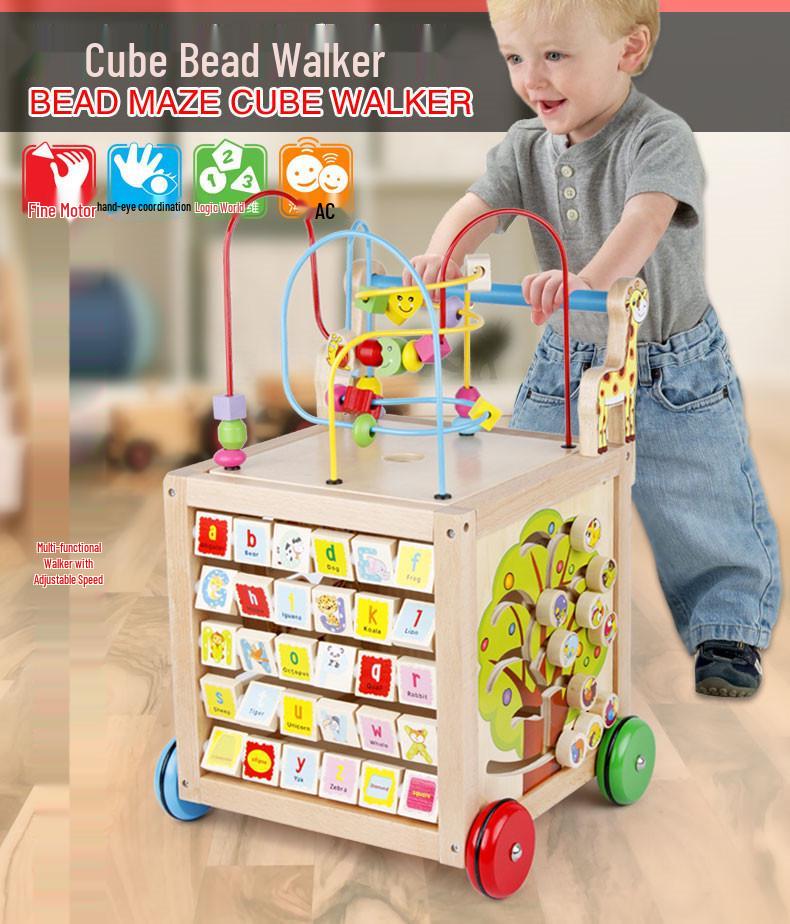 Wooden Toddler Push Walker Car with Adjustable Speed - Multifunctional Educational Toy