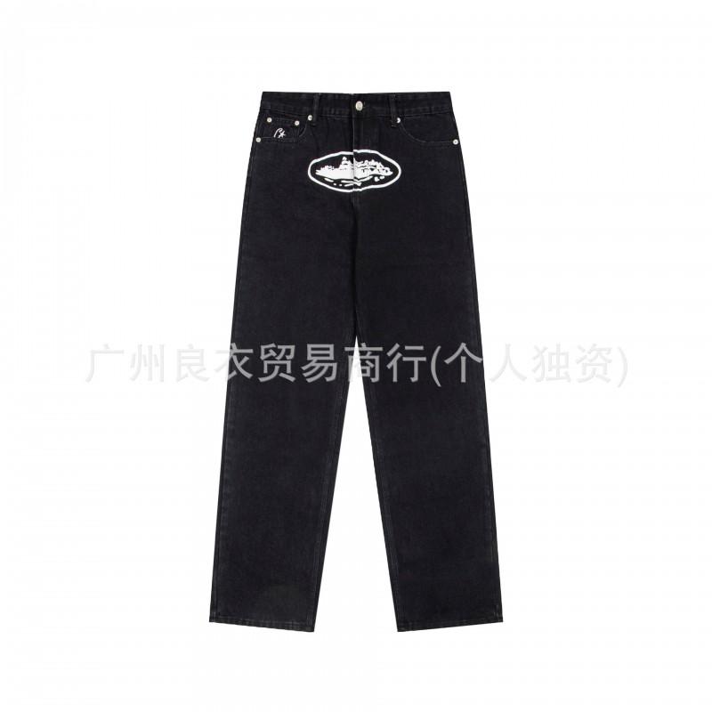 Mens Loose Straight Fit Denim Jeans With Letter Print Cotton Blend Mid-Waist Casual Trousers Daily Wear