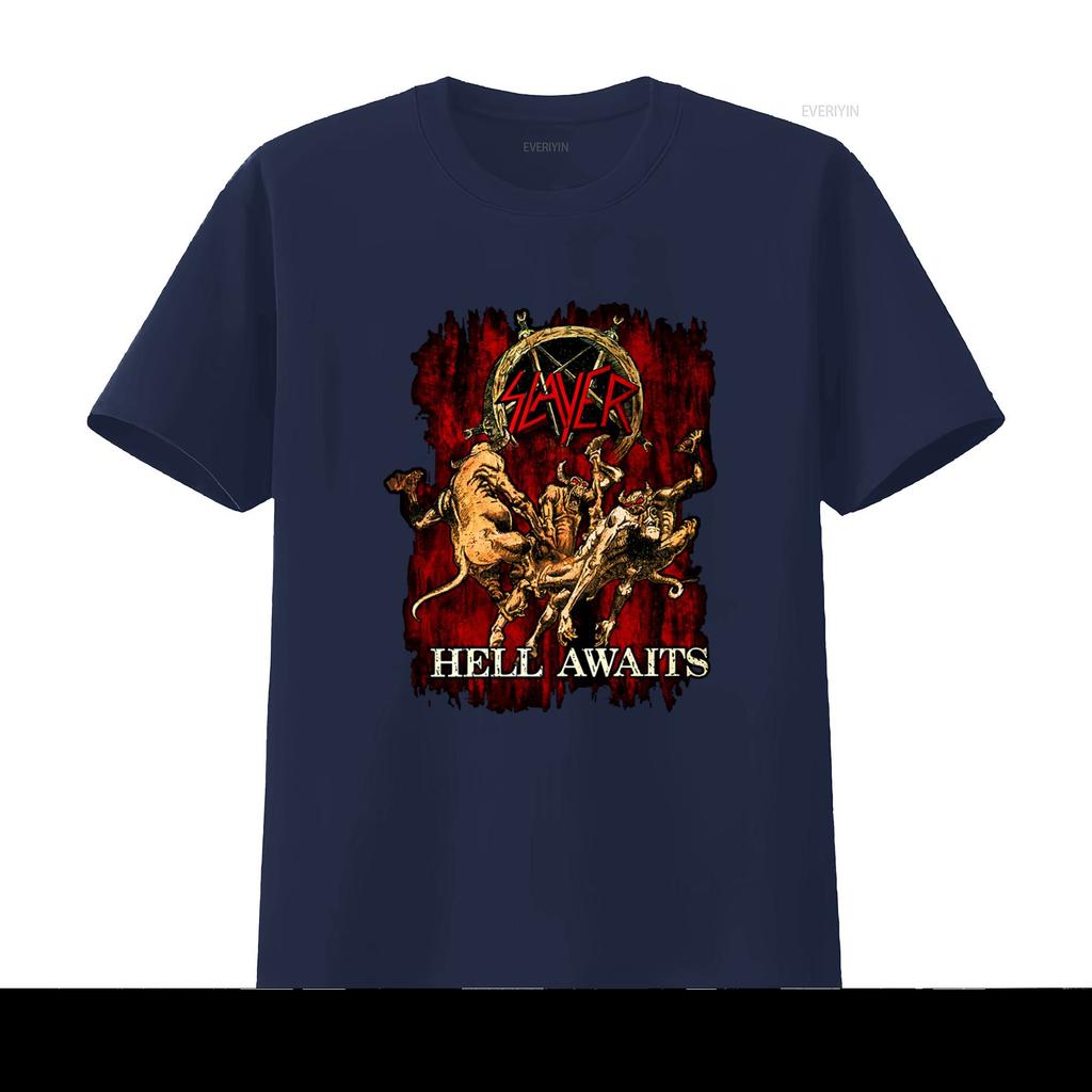 SLAYER Hell Awaits T Shirt Heavy Metal Band Design for Rock Fans Vintage Washed Designer Clothes Slightly Streetwear Homme