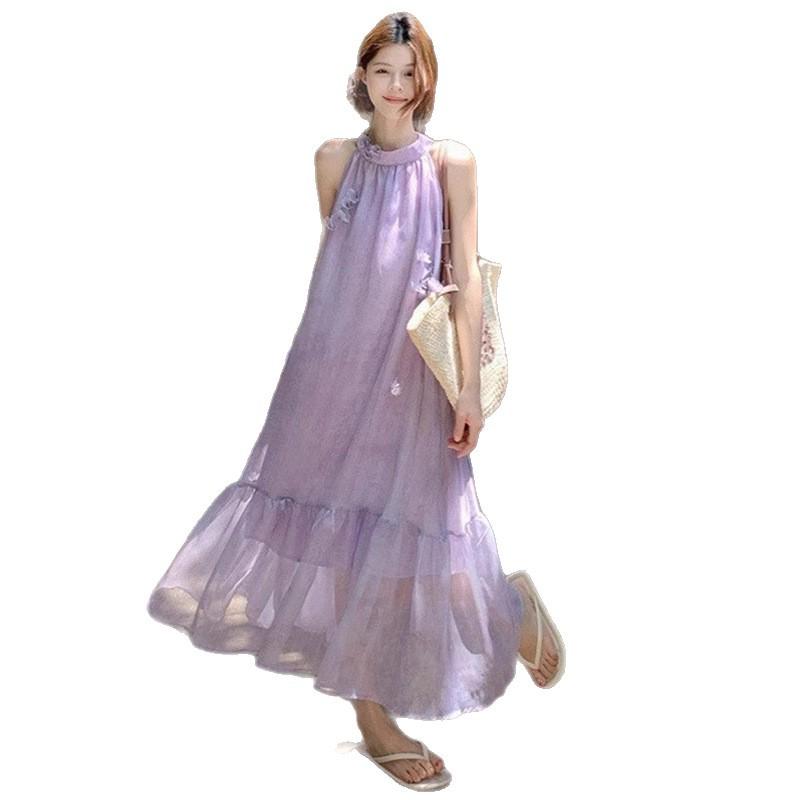 Gentle wind purple flower sleeveless neck dress women's summer loose skirt French holiday dress big swing dress
