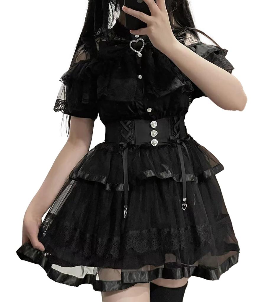 Open landmine lolita girly short XL [XHSUKADO] shoulder, style, blouse, women's, cute, stand-up collar, removable, ribbon, brooch, frills, lace,