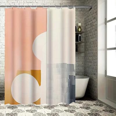 Modern Bathroom DecorCream Peach Shower Curtain with White Design for Bathtub In White Tiles Bathroom Set Includes Rings (180x24