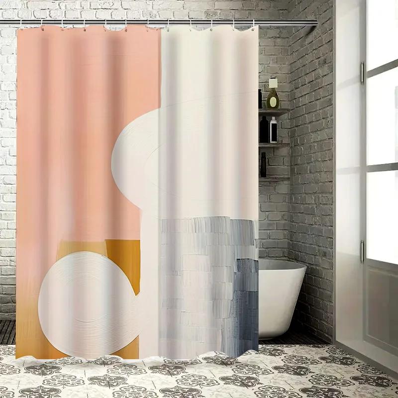 

Modern Bathroom Decorcream Peach Shower Curtain With White Design For Bathtub In White Tiles Bathroom Set Includes Rings (180X24 W60H190(CM)-1 Pcs