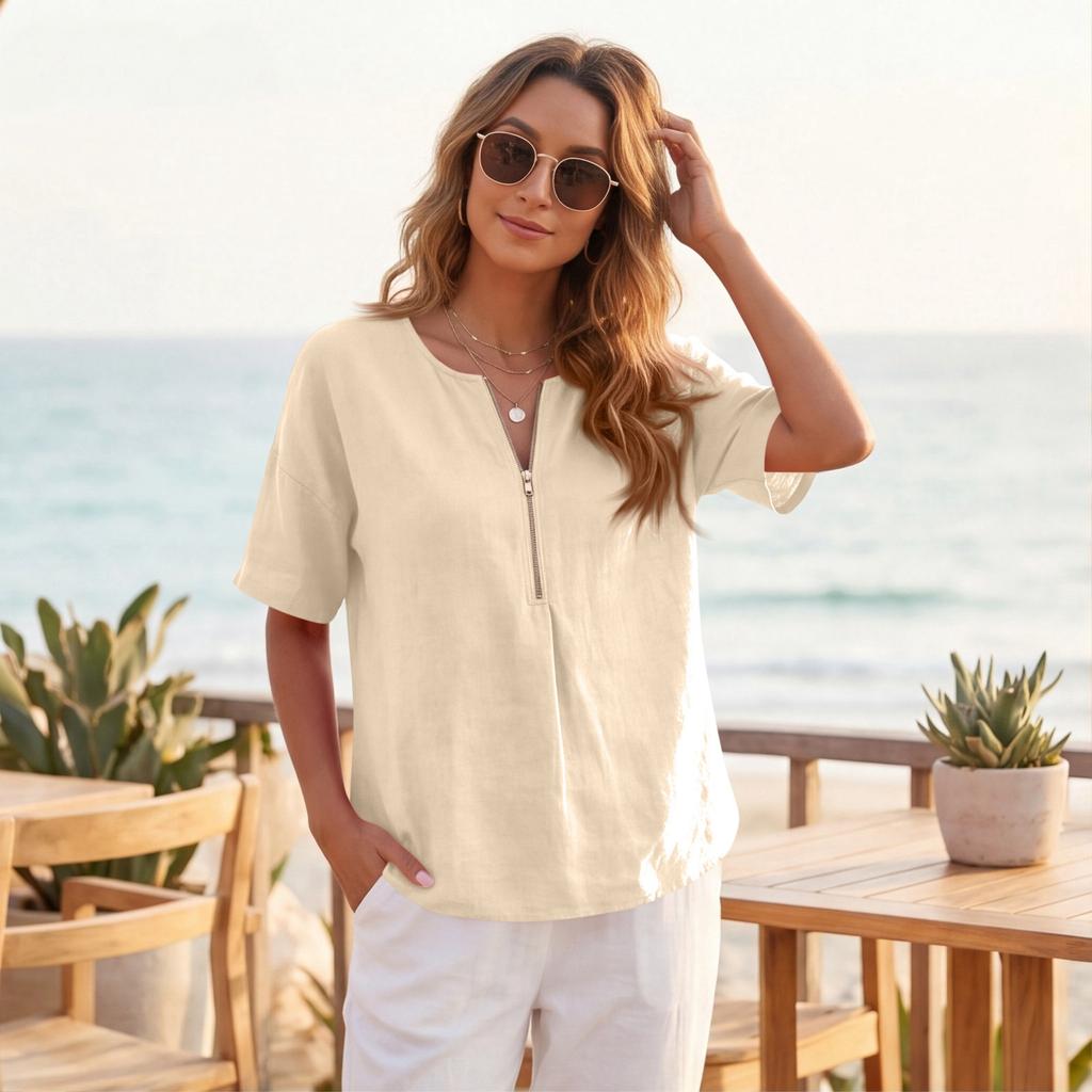 Women's Casual Solid Color Pullover Top Short Sleeve Loose Fit Round Neck with Front Zipper Lightweight Blouse for Everyday Wear