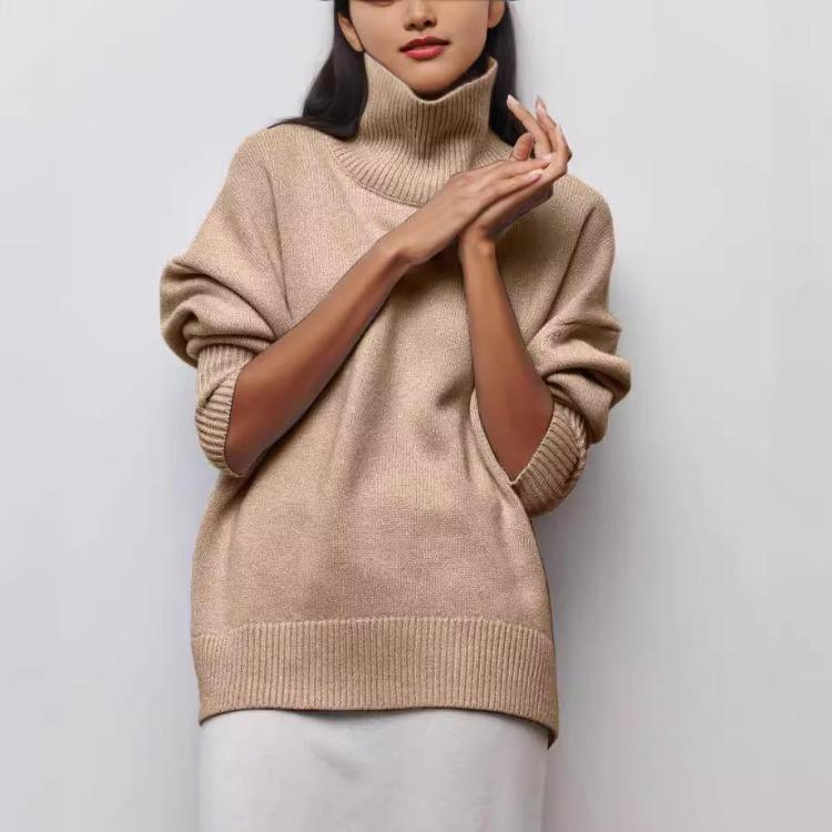 

Loose Women Pullover Knitted Sweater Fashion Long Sleeve Autumn Winter Solid Color Half High Collar Tops S