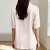 Fashionable Women's Loose Cotton And Linen Retro Collar Color Shirt, Short Sleeve