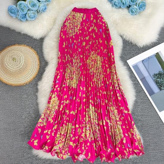 Fustă Lungă Stil Retro Talie Înaltă Elastică Fustă Pliată Imprimată cu Fluturi Tiv Larg Fustă din Material Respirabil Purtare Zilnică