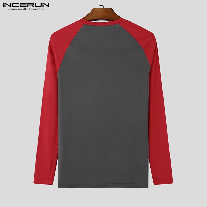 INCERUN Men Round Neck Long Sleeve Stitching Print Tops Fitted Undershirts